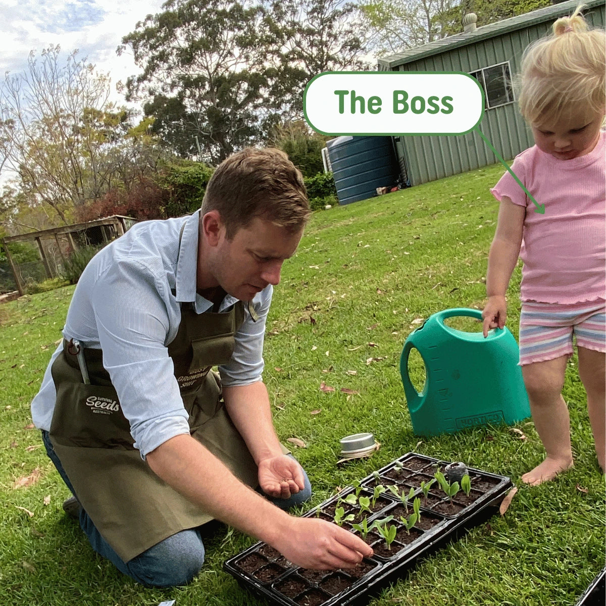 Man and child gardening together with a labeled 'The Boss' above the man.