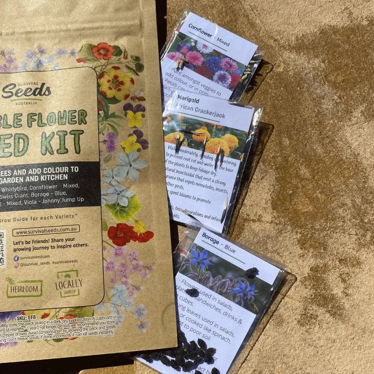 Edible Flower Seeds packets: shown are cornflower, marigold, and borage