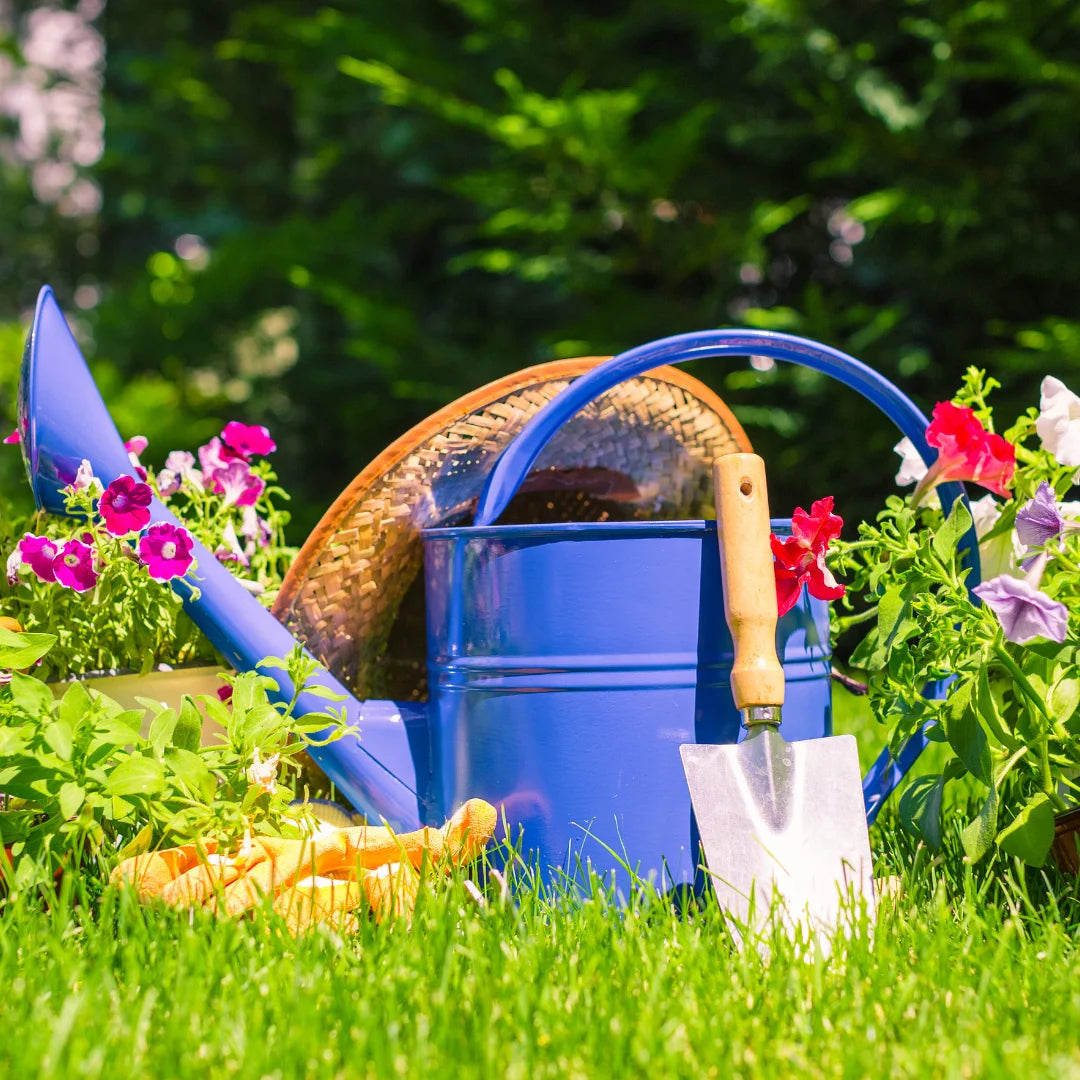 watering can and garden trowel