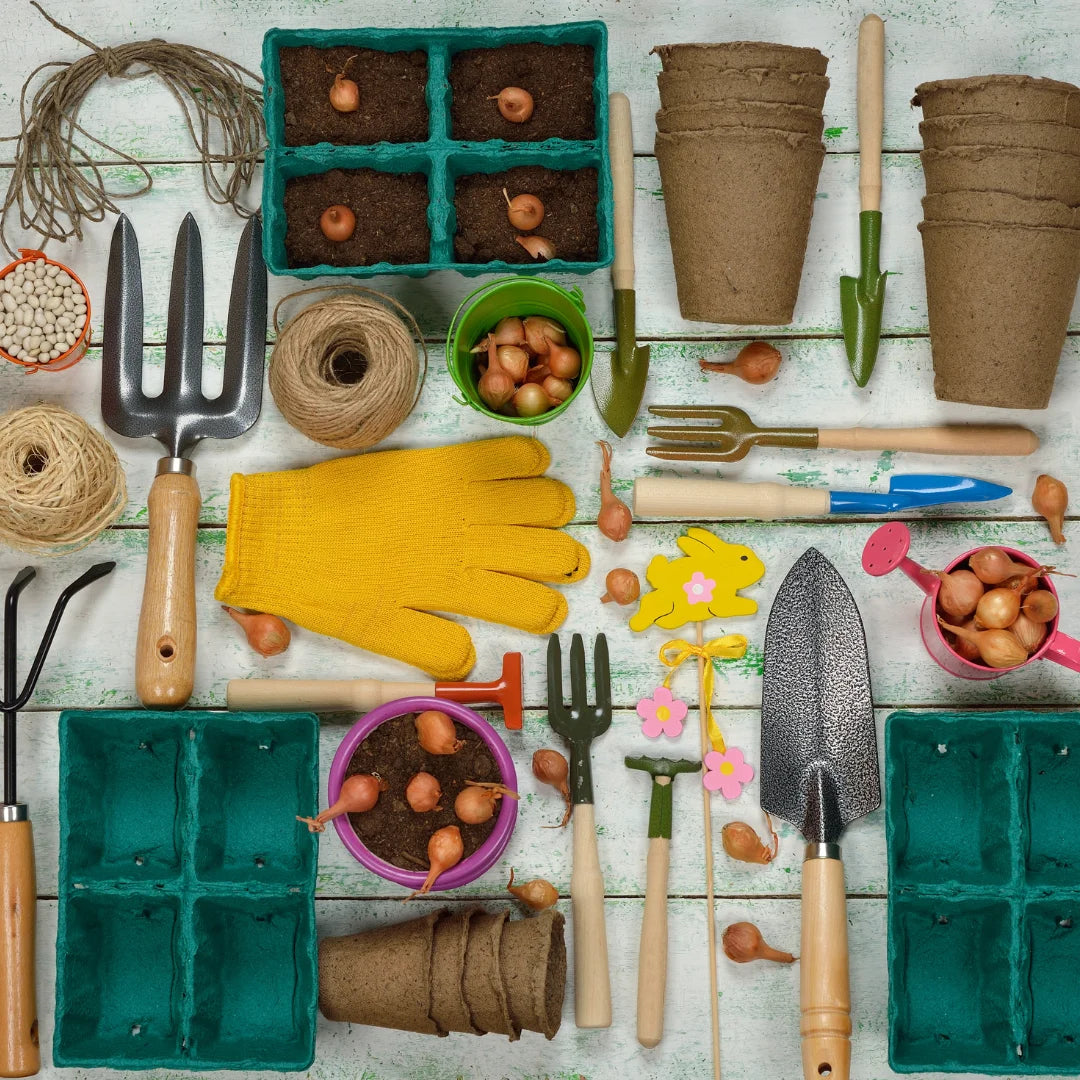 gardening tools flat lay