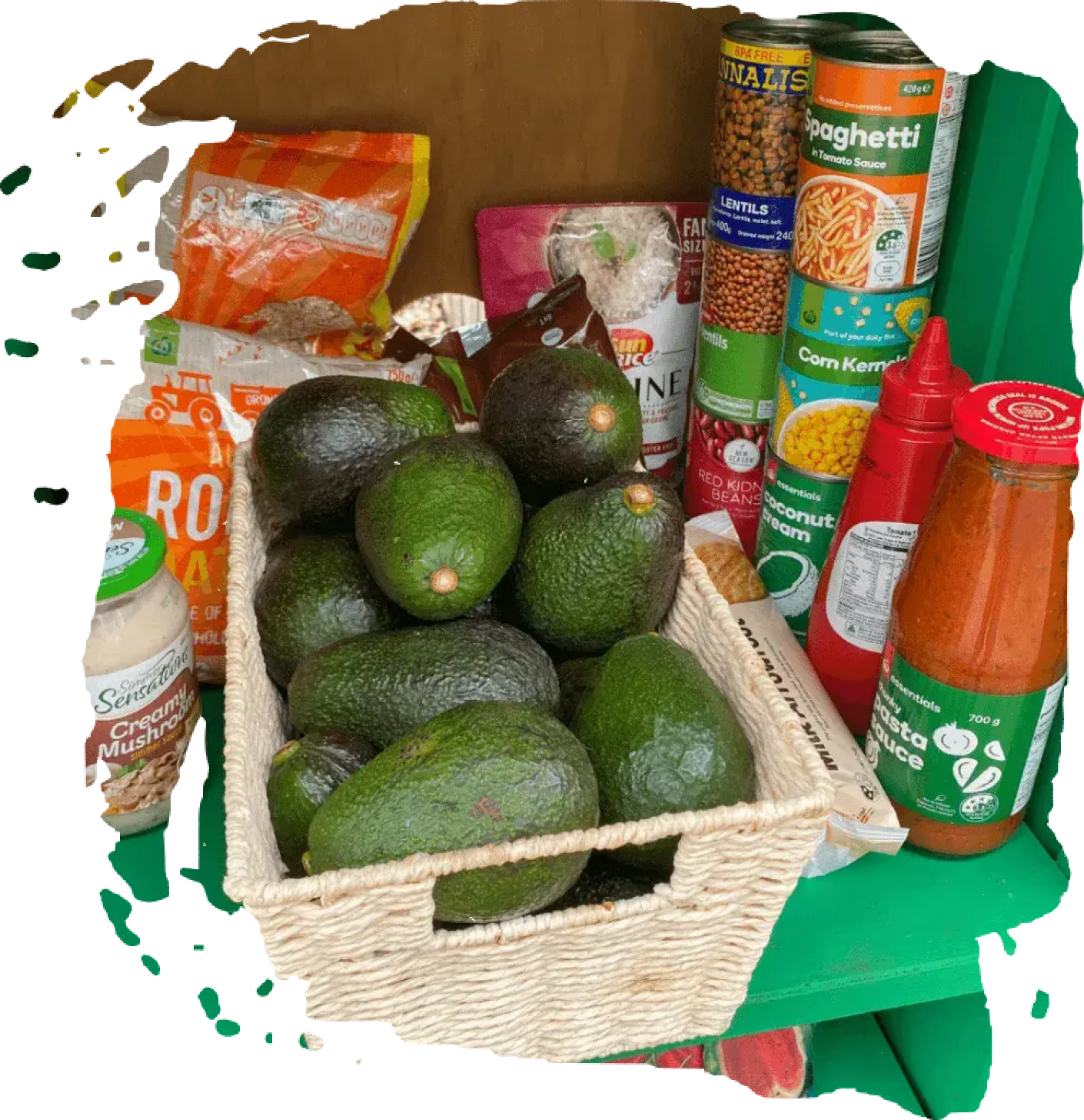 avocado in basket and canned goods