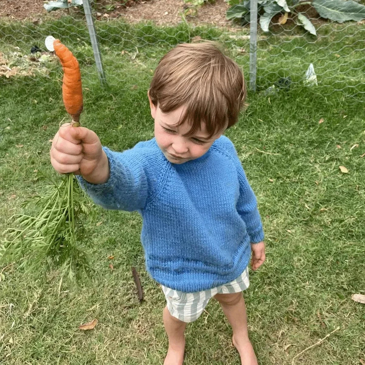 Child holding freshly harvested carrot, promoting Seeds for Kids gardening kit.