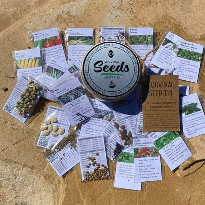 Heirloom vegetable seed packets included in the Survival Seed Tin
