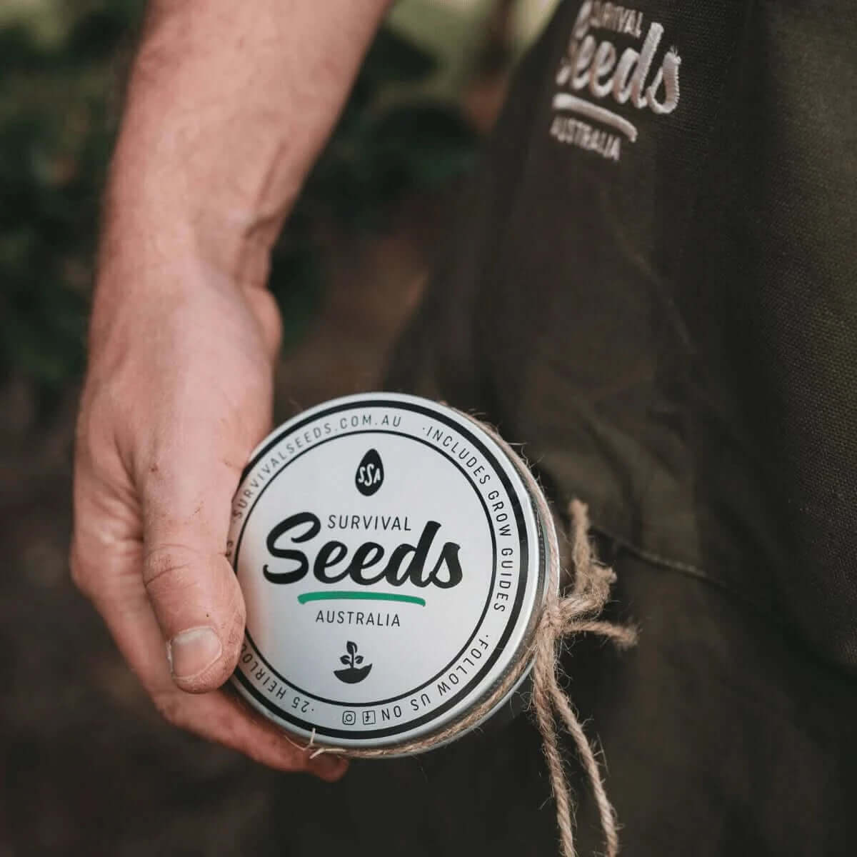 Survival Seed Tin with gardening apron and heirloom seed collection