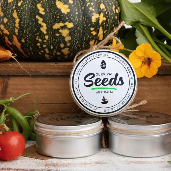 Survival Seed Tin with heirloom vegetable seeds for long-term storage